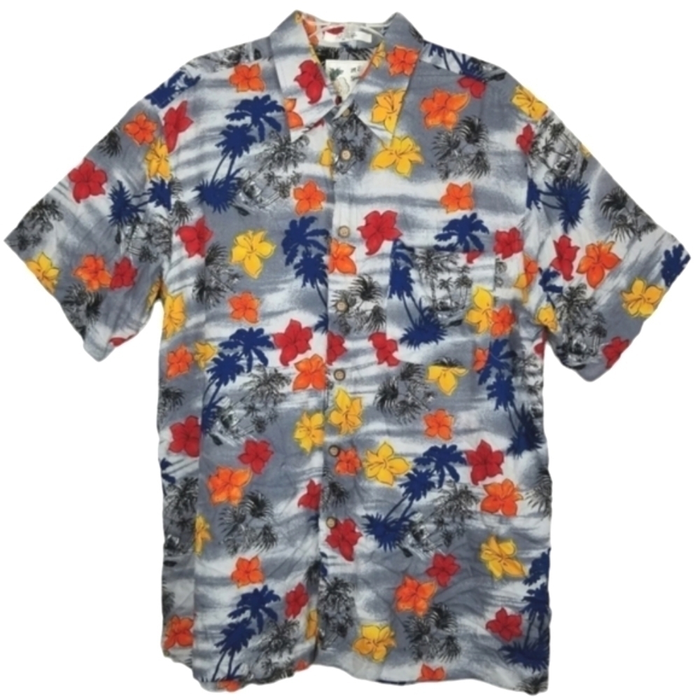 M E Sport Mens Hawaiian Button Up Shirt Palm Trees Flowers Multi Size Large - Picture 2 of 8